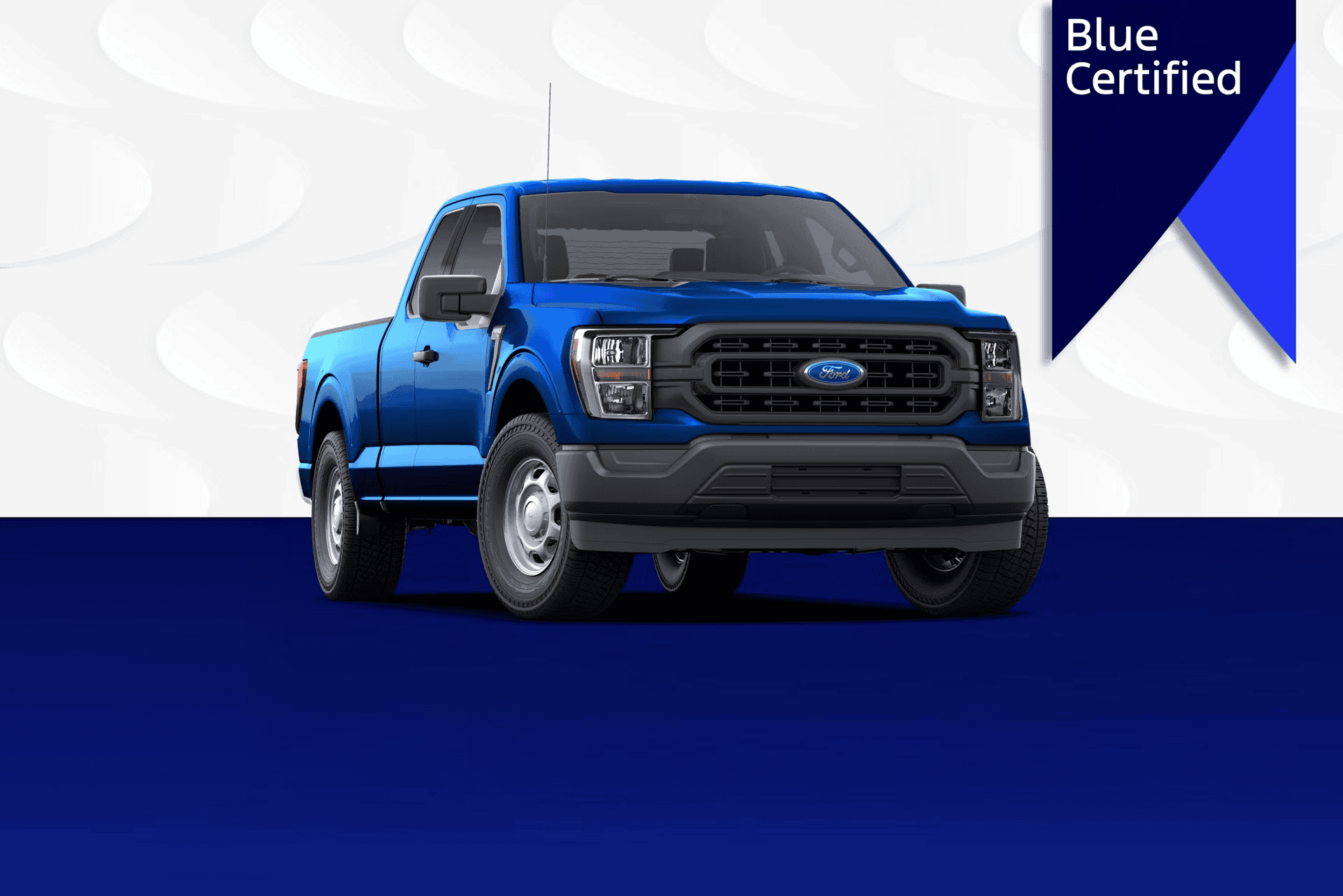 Blue Certified Ford F-150 pickup truck with modern design and advanced features.