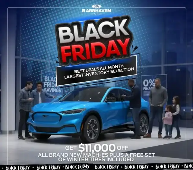 Blue electric vehicle at Barrhaven Ford during Black Friday sale, surrounded by customers.
